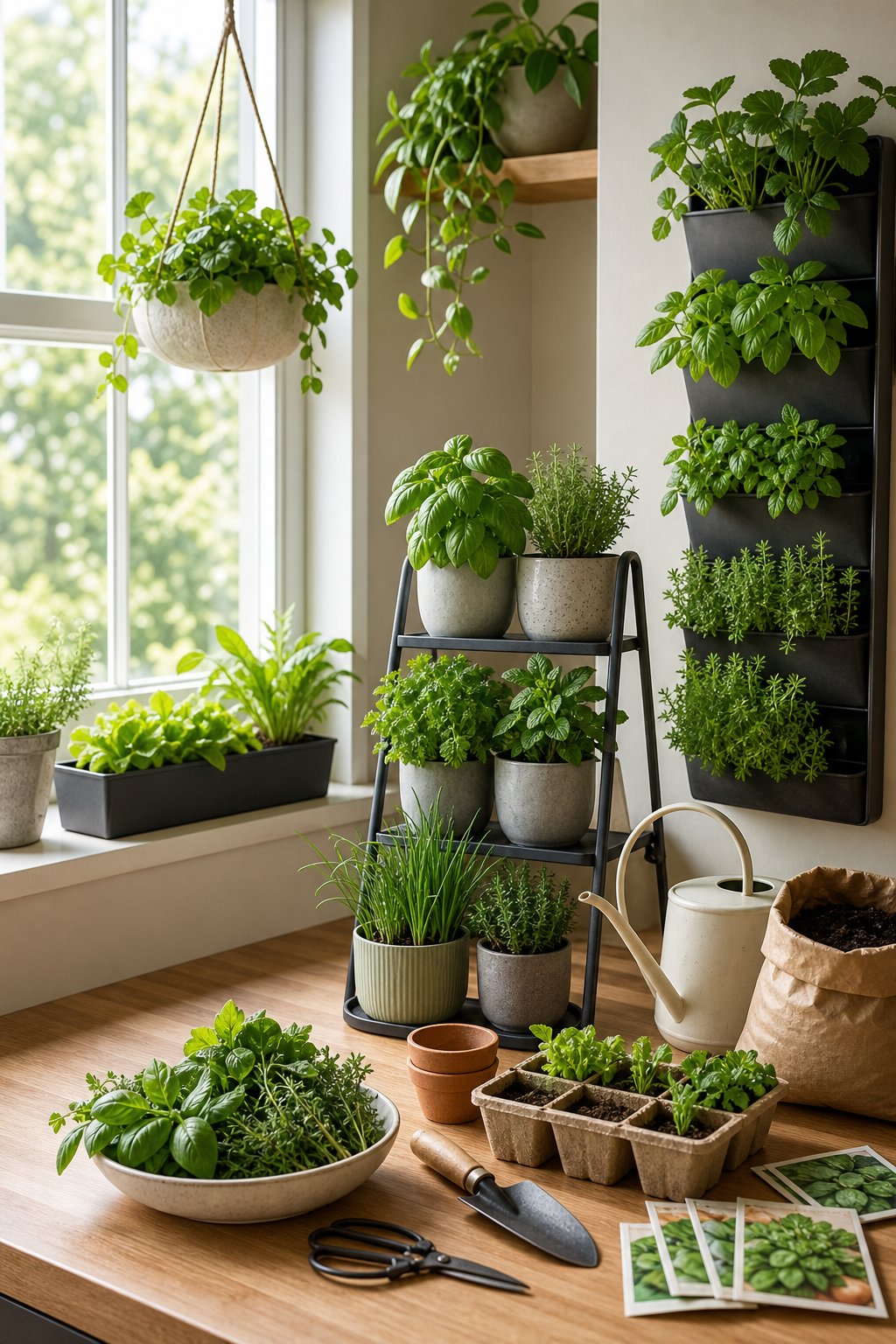 A compact kitchen with herbs and leafy greens growing in pots, hanging planters, and a vertical garden.