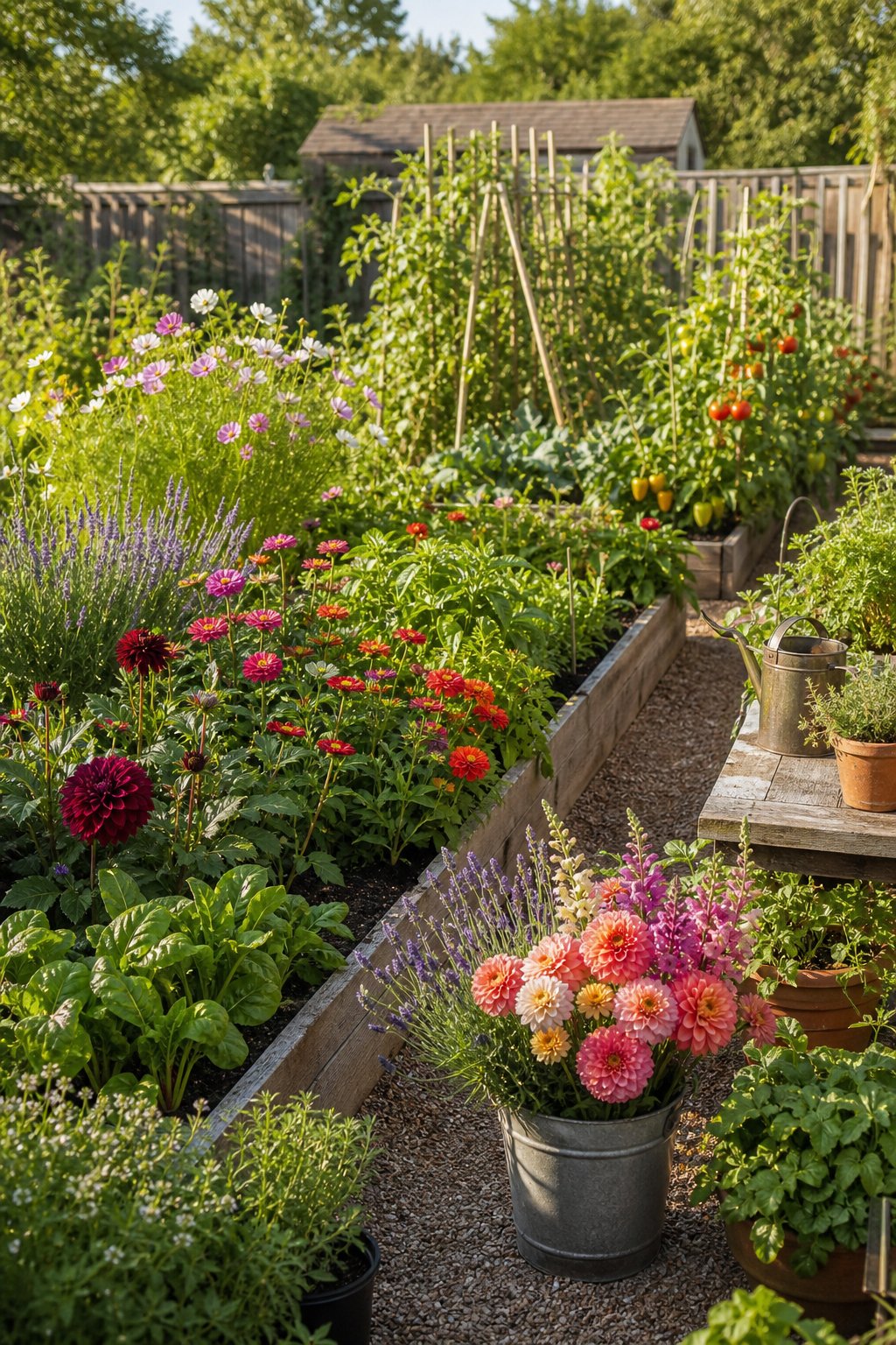 A sunny garden combines colorful cut flowers with raised beds of vegetables and herbs.