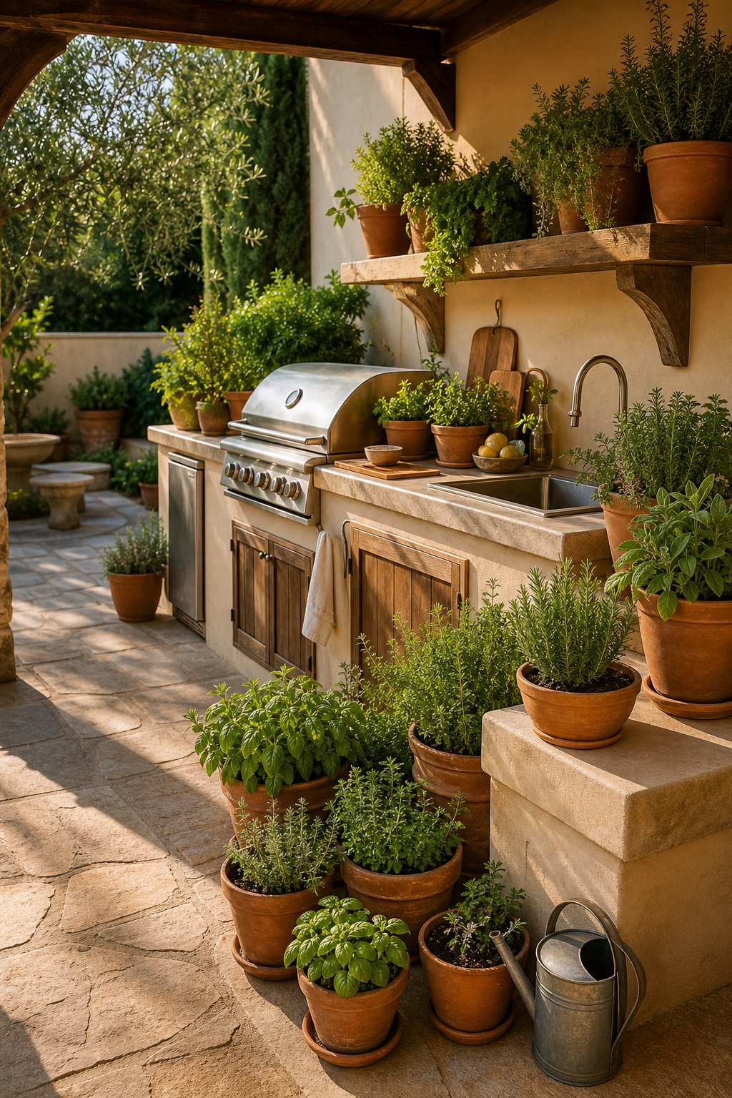 Terracotta pots of fresh herbs arranged around a stylish outdoor kitchen.