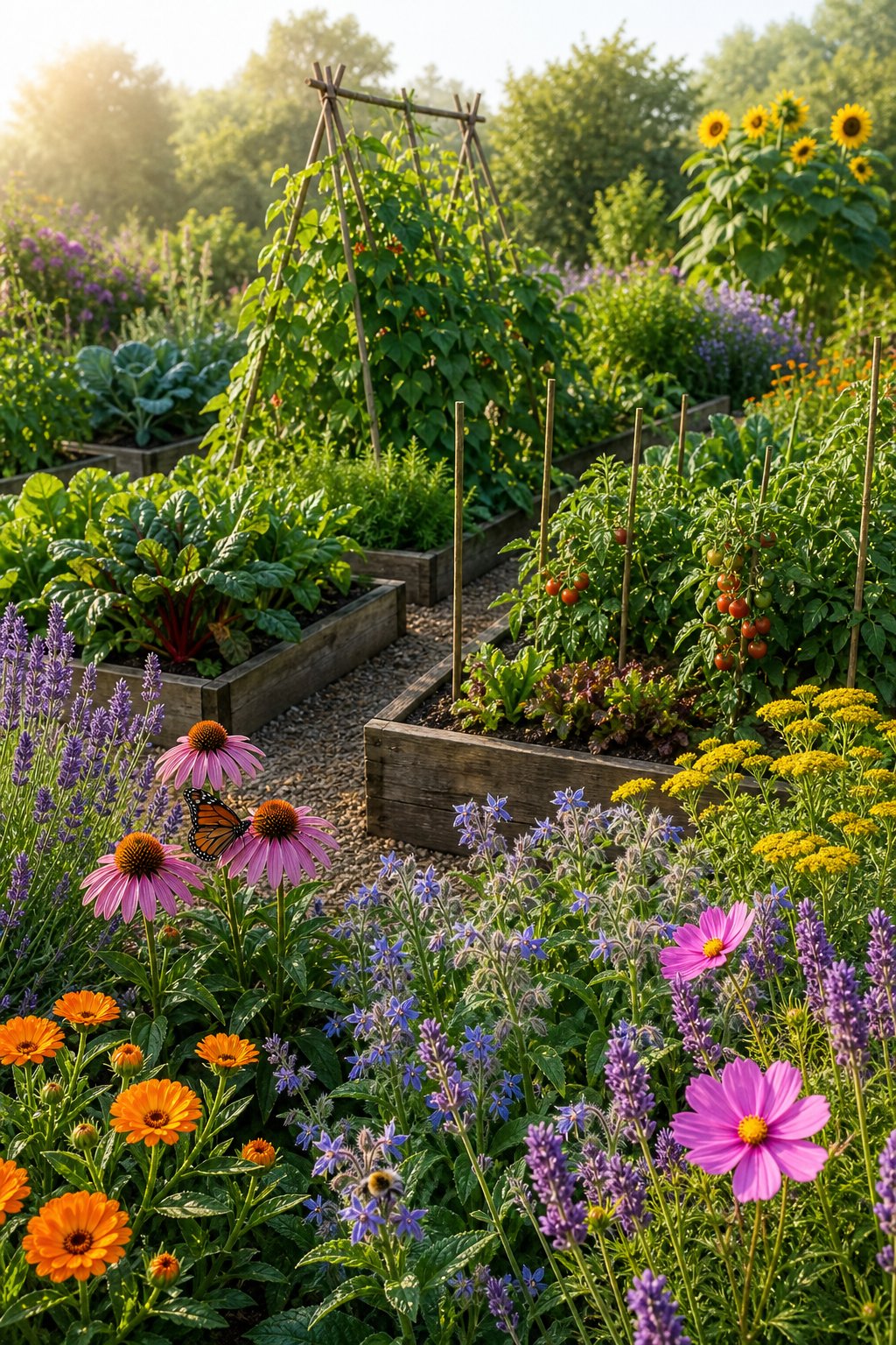 A kitchen garden with raised vegetable beds surrounded by colorful flowering plants that attract bees and butterflies.