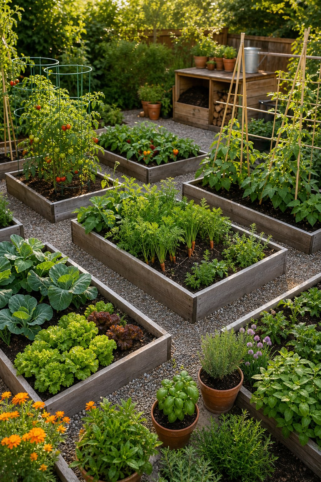 A neatly organized kitchen garden with raised beds, walking paths, vegetables, herbs, and climbing plant supports.