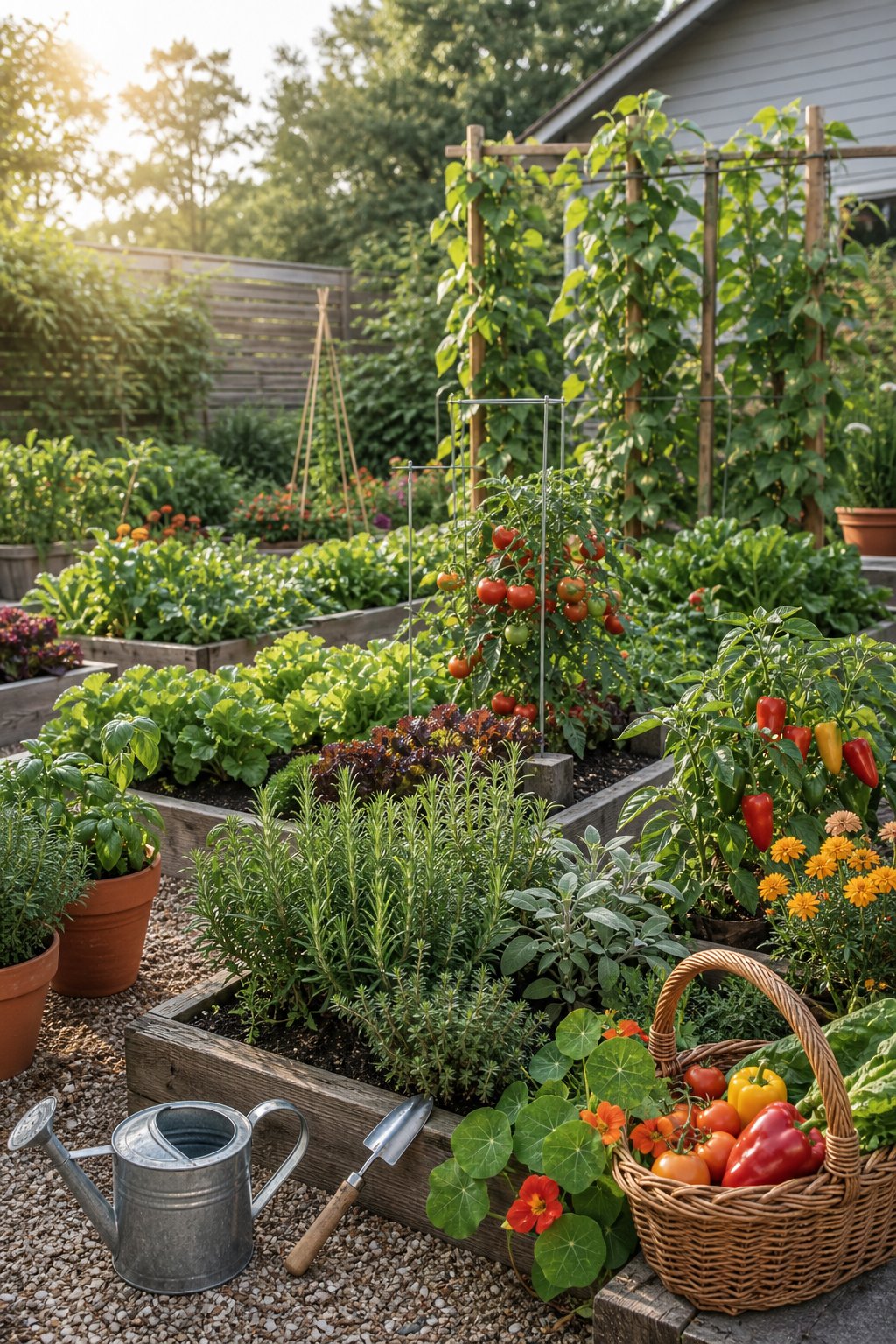 A neatly arranged kitchen garden with raised beds, herbs, vegetables, flowers, and garden tools.
