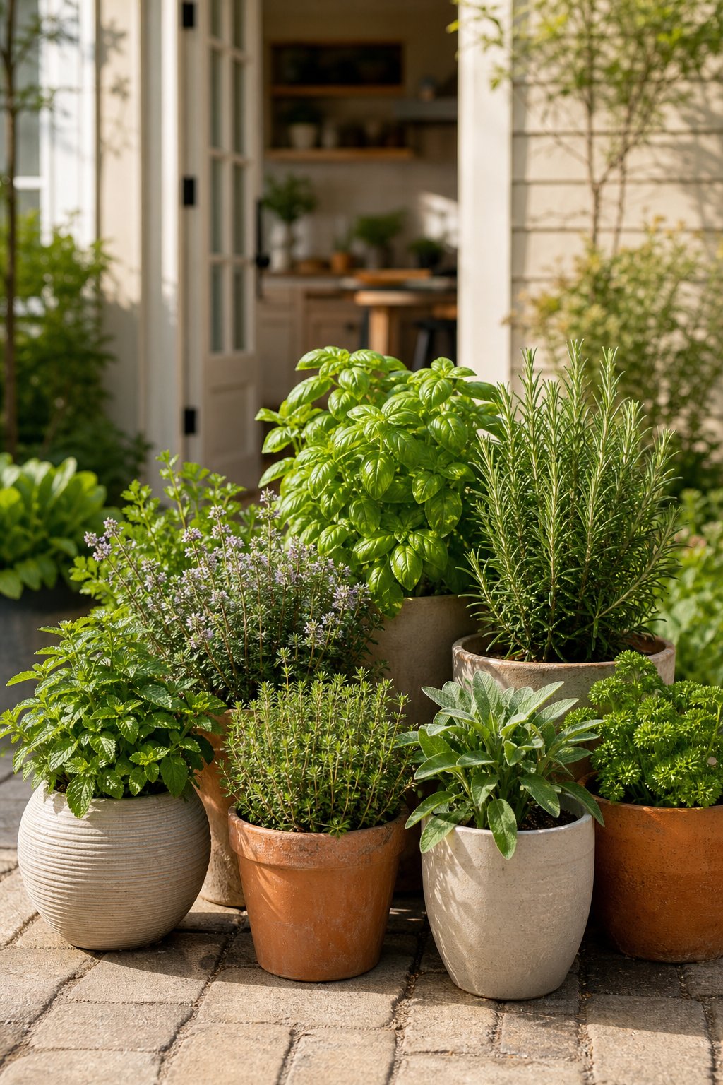 Potted herbs sit on a sunny patio beside a kitchen door.