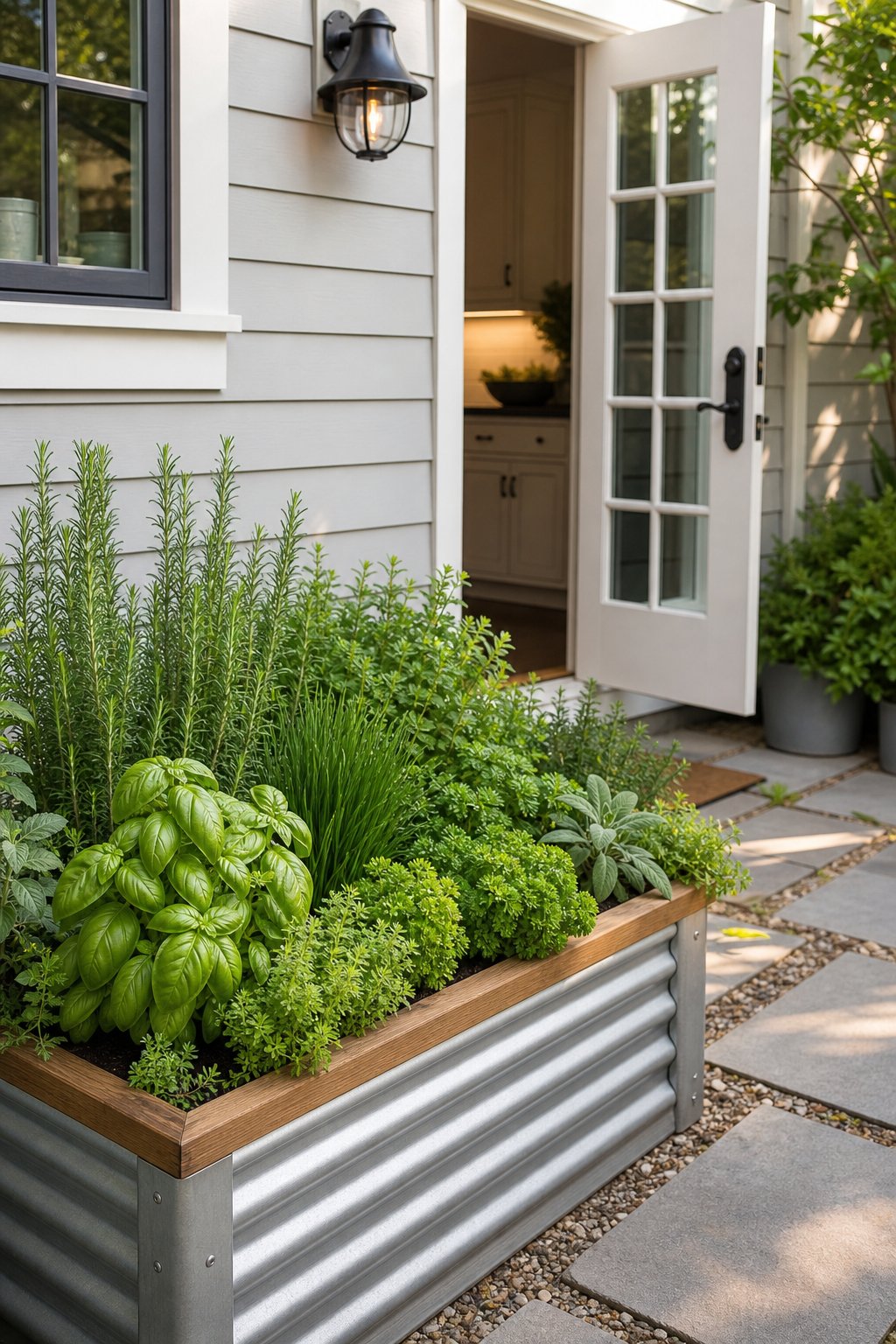 A raised garden bed filled with fresh culinary herbs beside a home's back door.