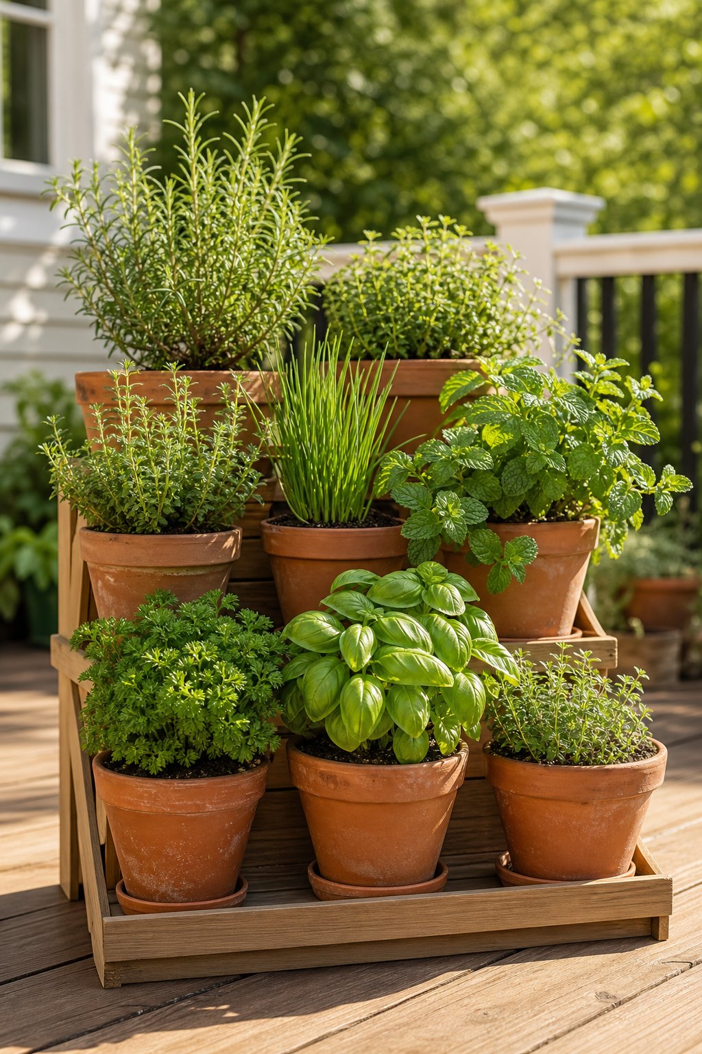 Tiered terracotta pots filled with fresh herbs on a wooden deck.