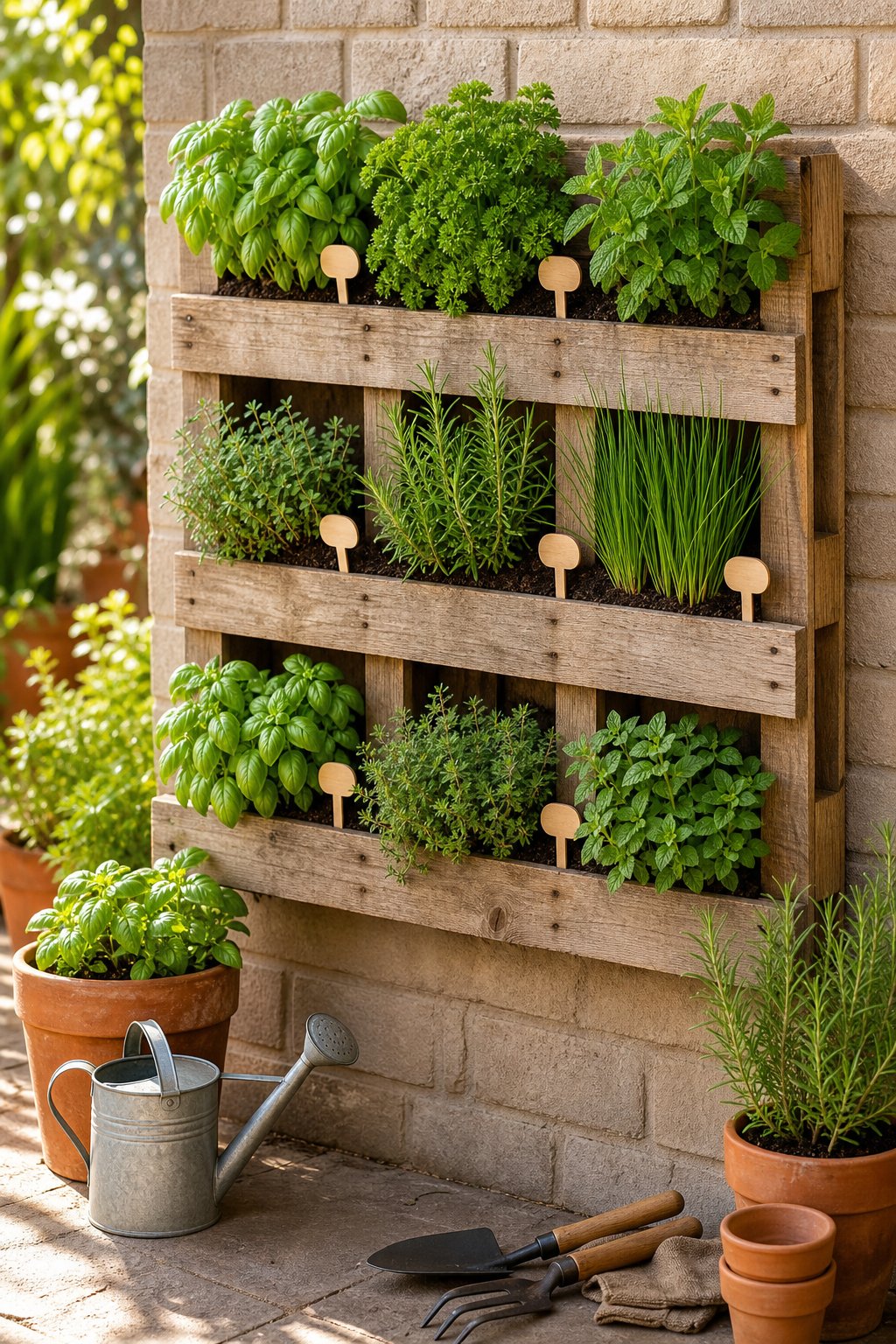 A vertical wooden pallet garden filled with fresh herbs beside a sunny patio wall.