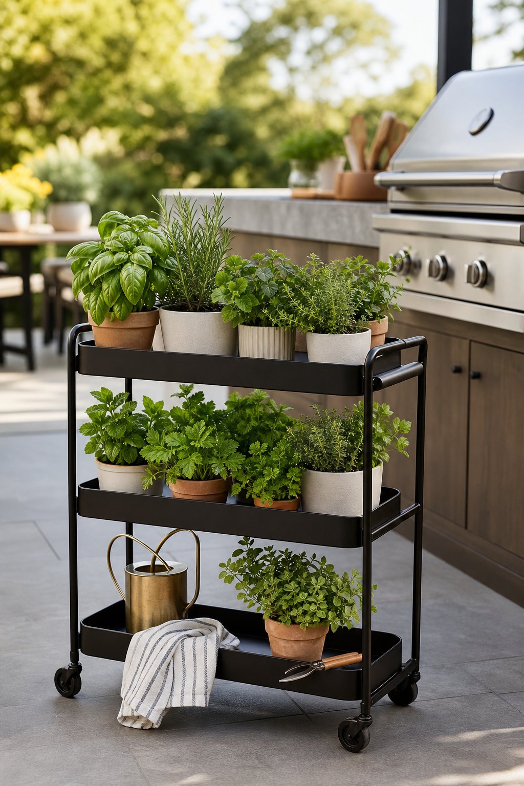 A rolling cart filled with potted herbs beside an outdoor kitchen.