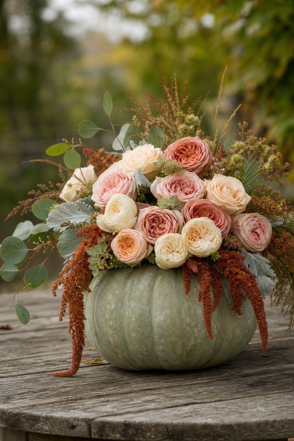 A pale green heirloom pumpkin holds blush roses, ivory flowers, greenery, and rust-colored amaranth.