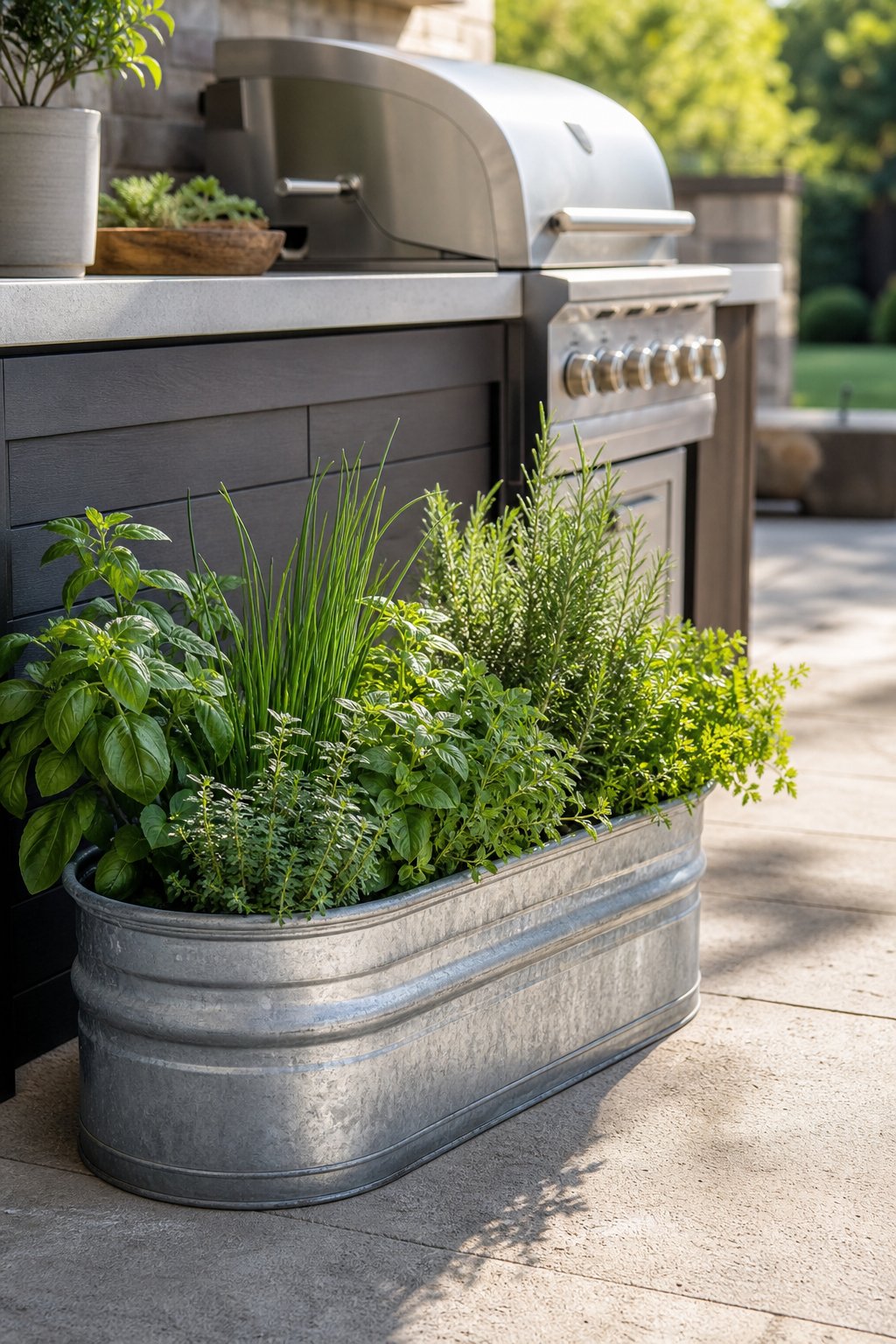A galvanized trough planter filled with fresh herbs sits beside an outdoor grill on a patio.