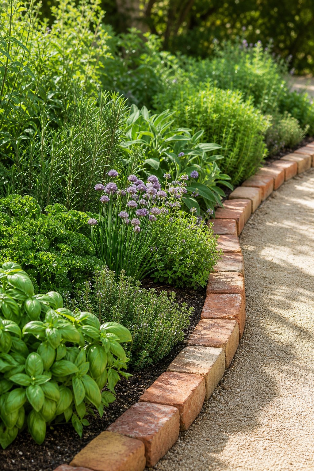 A brick-edged bed of green culinary herbs runs alongside a garden path.