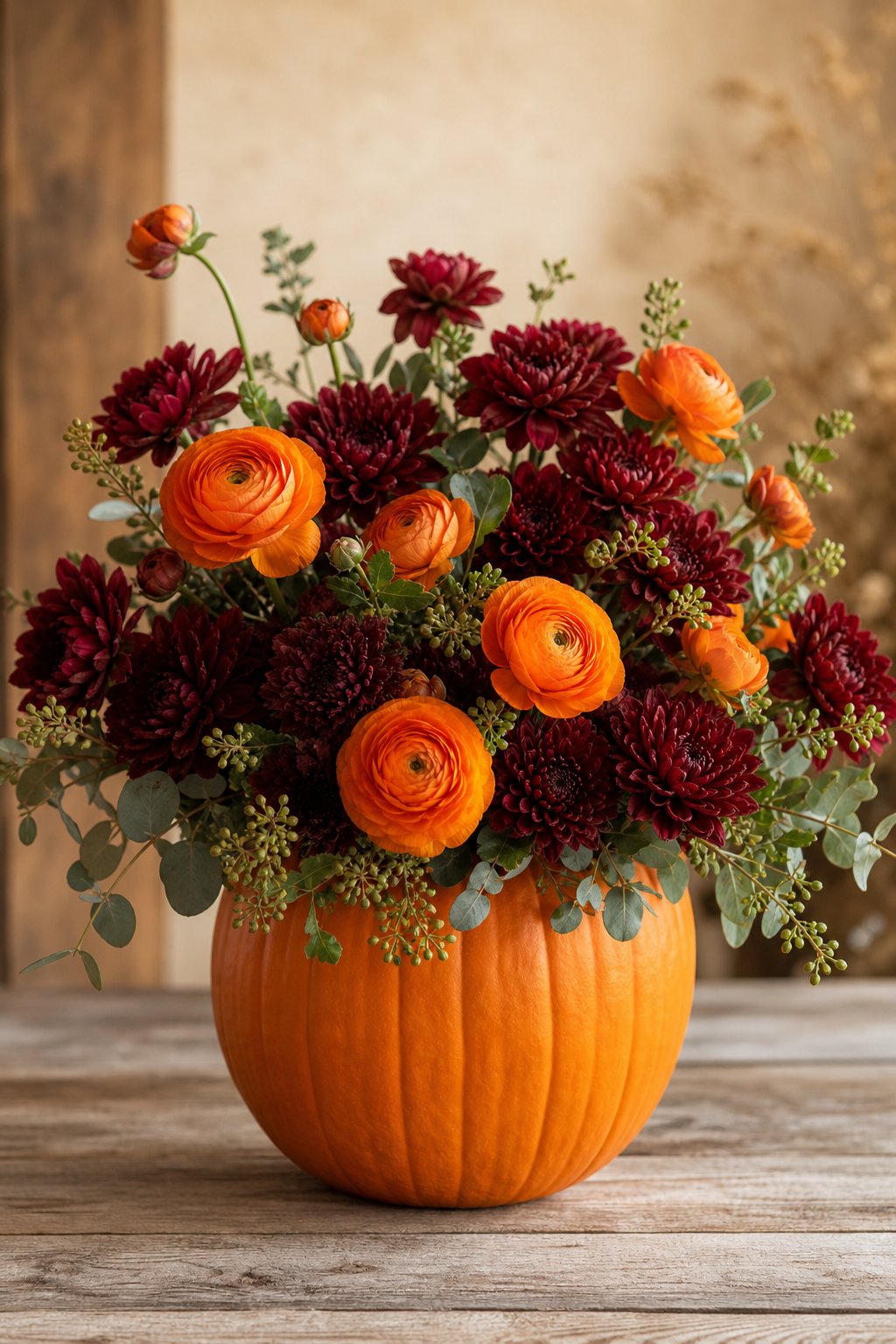 An orange pumpkin filled with burgundy mums and bright orange ranunculus on a rustic tabletop.