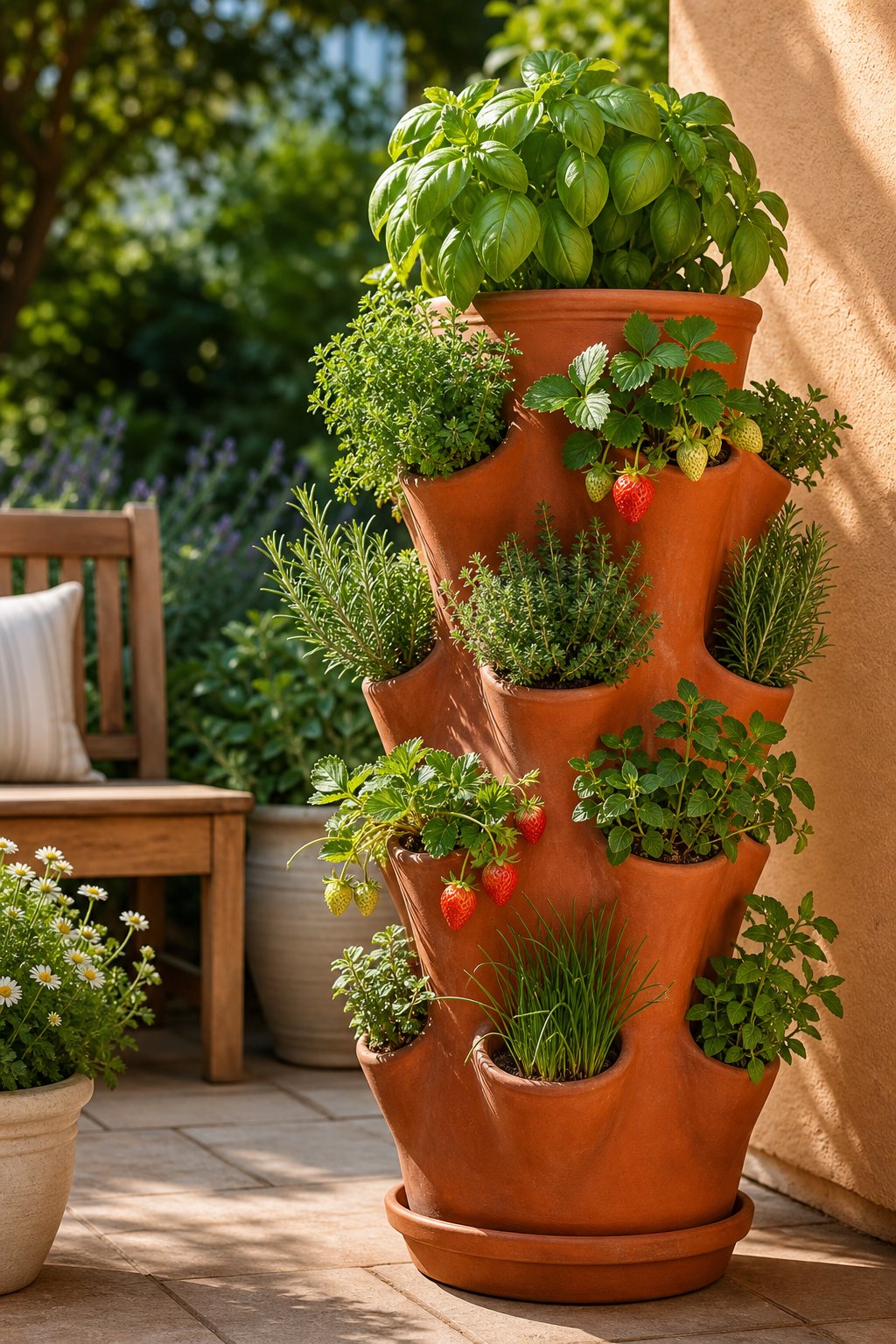 A terracotta strawberry planter filled with fresh herbs and strawberries beside a sunny patio.