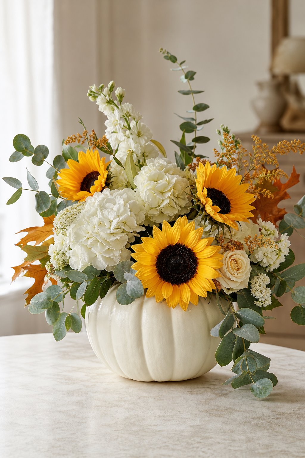 A white pumpkin filled with sunflowers, eucalyptus, and cream-colored flowers.