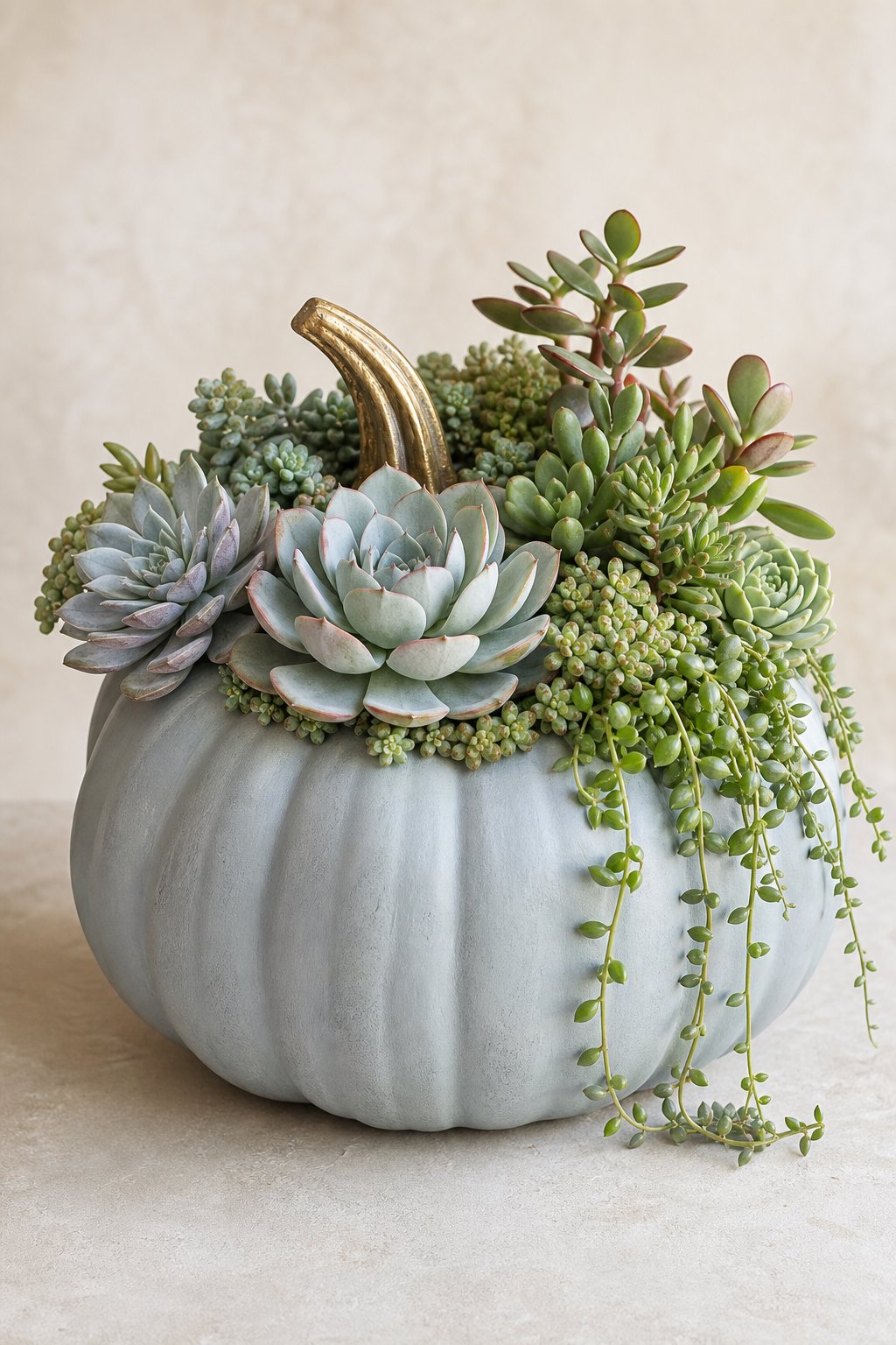 A blue-gray heirloom pumpkin with a gold stem filled with mixed green succulents.