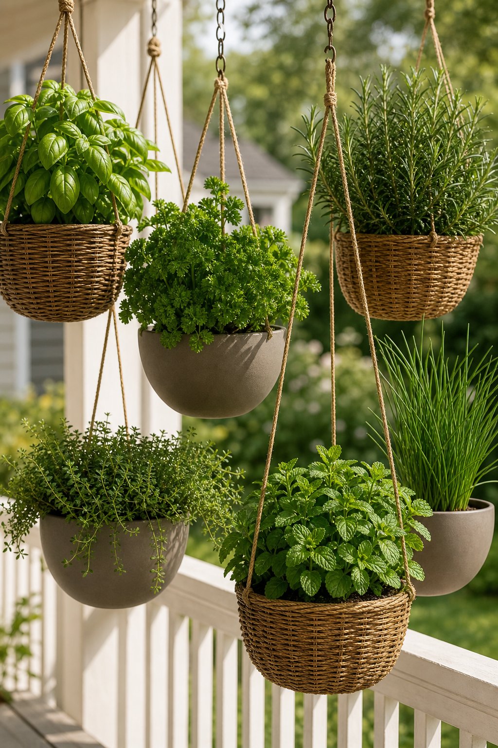 Hanging baskets filled with fresh herbs line a sunny porch railing.