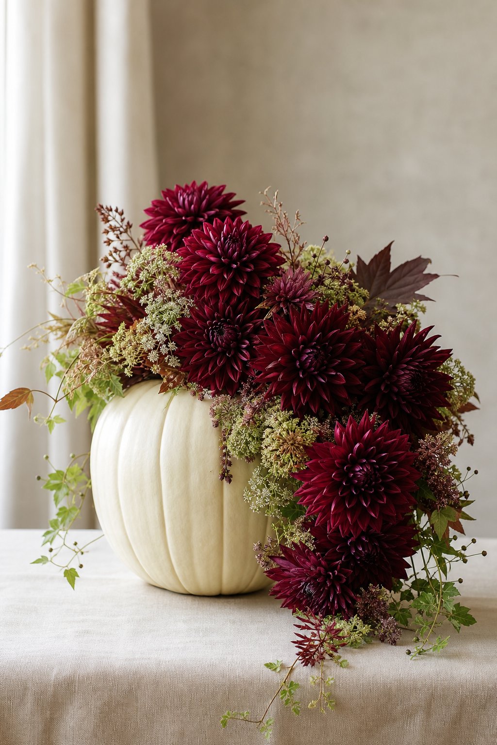 A white pumpkin holding burgundy dahlias that cascade gracefully over one side.