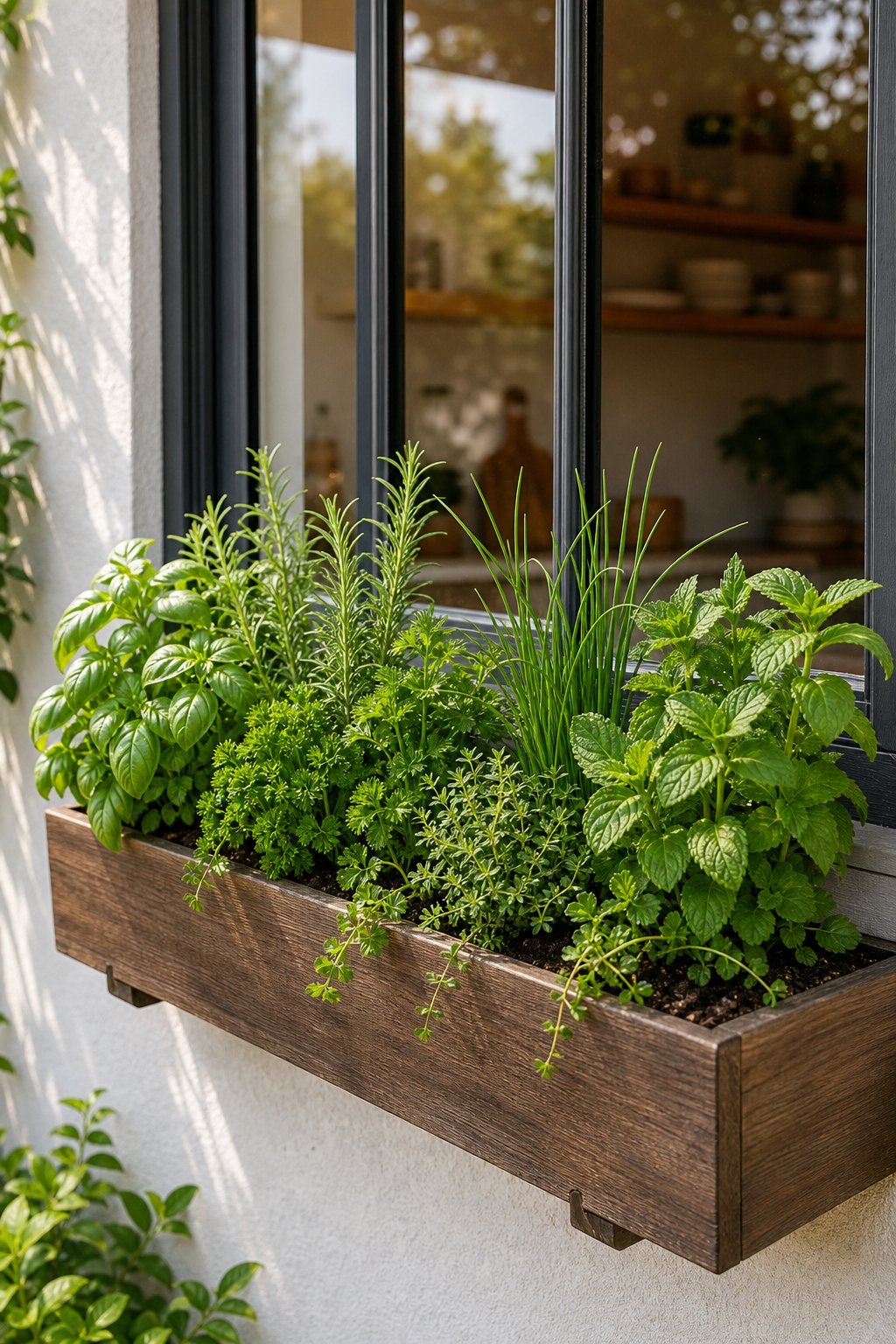 A window box filled with fresh green herbs outside a kitchen window.