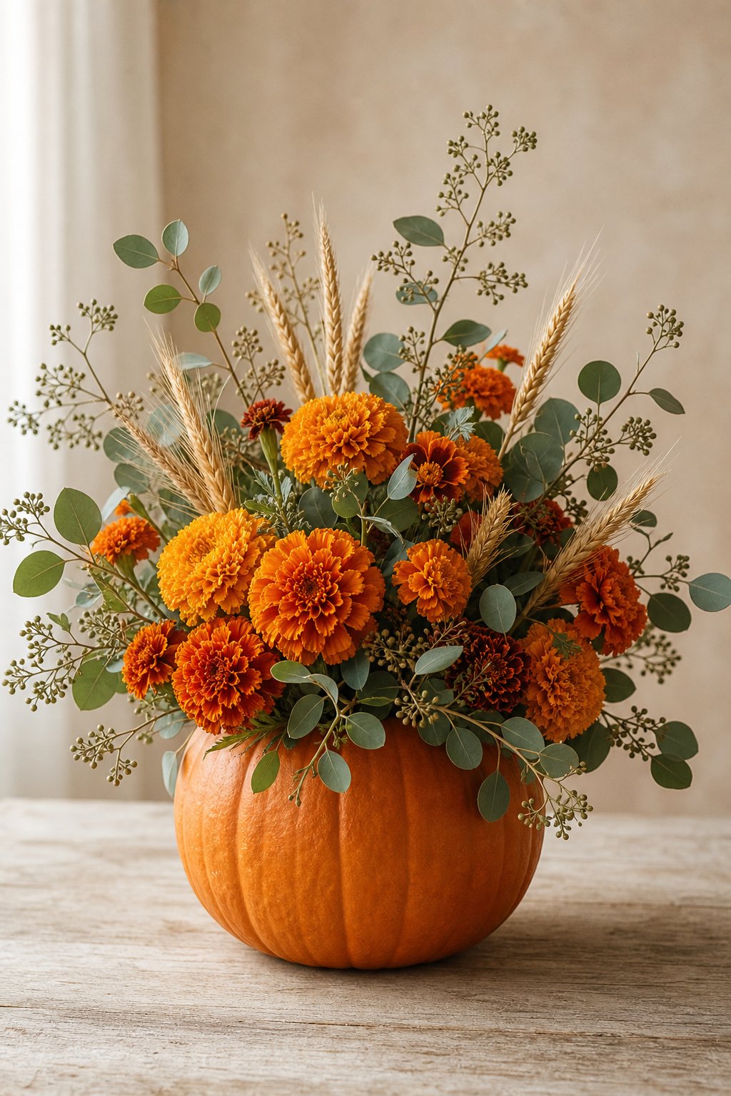 An orange pumpkin filled with marigolds, wheat stems, and seeded eucalyptus on a neutral tabletop.