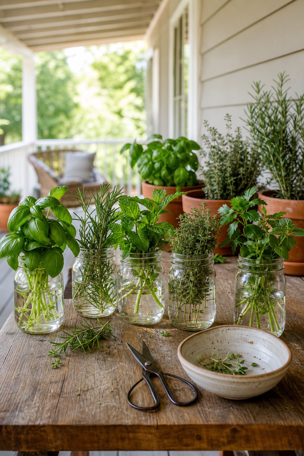 Mason jars holding fresh herb cuttings on a wooden table on a covered porch.