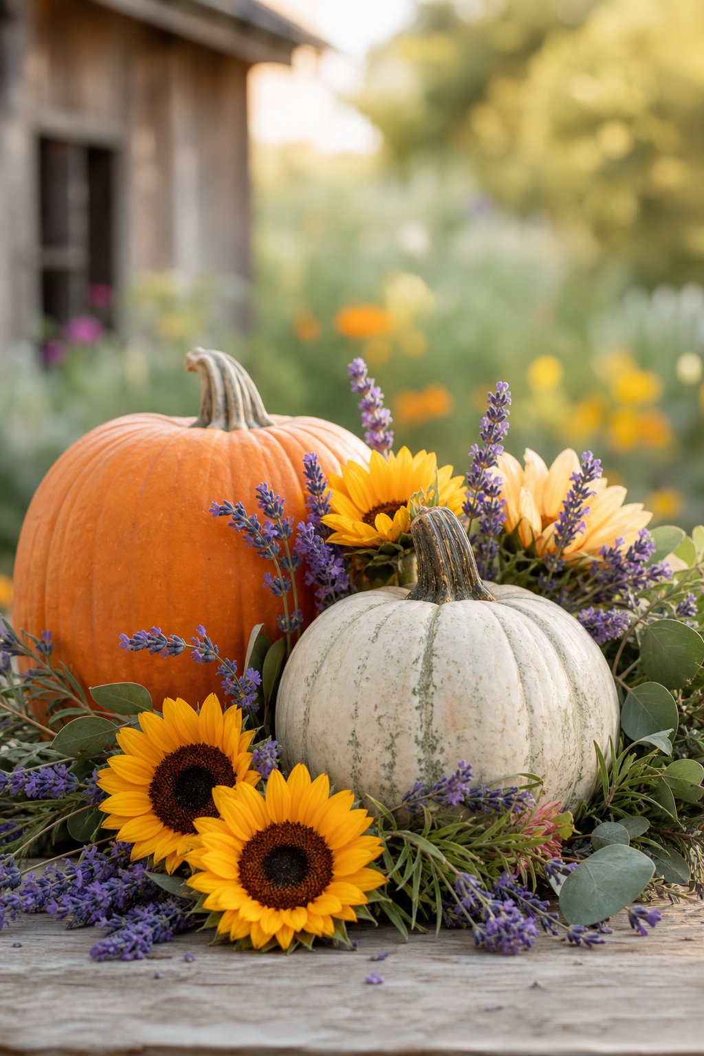 Two pumpkins surrounded by sunflowers and lavender.
