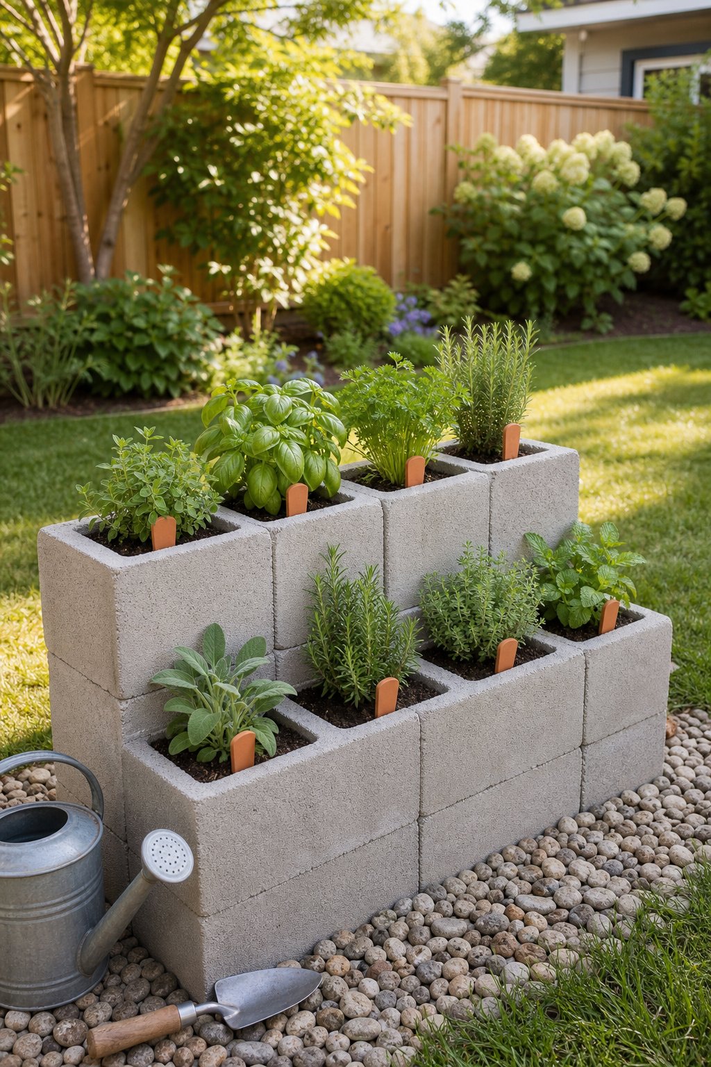A backyard wall made from cinder blocks, with each opening planted with fresh green culinary herbs.