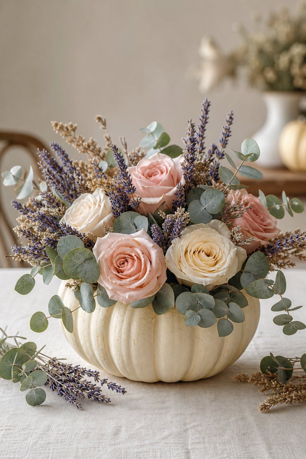 An ivory pumpkin centerpiece decorated with roses, dried lavender, and eucalyptus leaves.