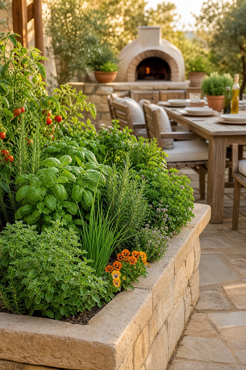 A raised herb garden beside an outdoor dining area, filled with basil, oregano, thyme, rosemary, parsley, and chives.