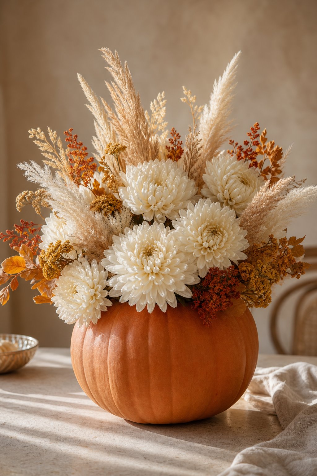 A terracotta pumpkin filled with pampas grass and white chrysanthemums on a neutral tabletop.