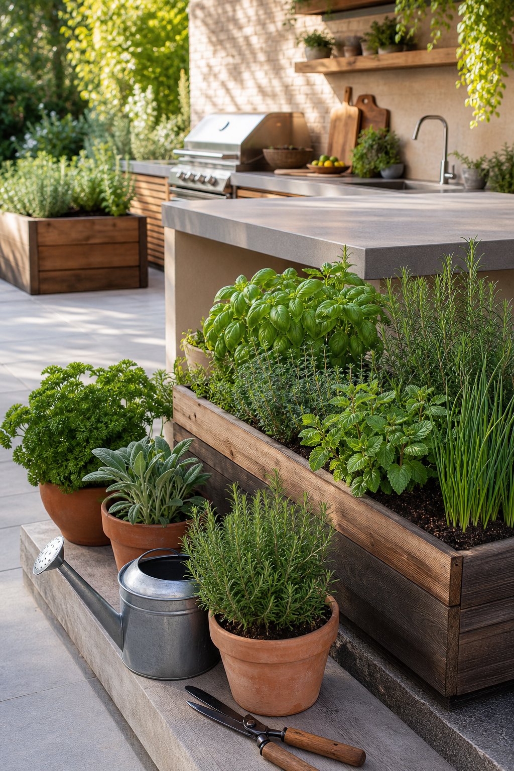An outdoor kitchen surrounded by raised planters and pots filled with fresh culinary herbs.