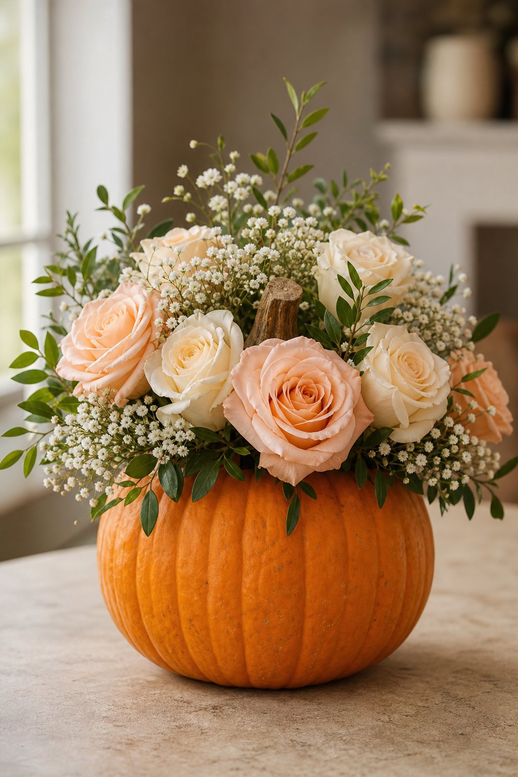 An orange pumpkin filled with blush roses and white baby's breath sits on a tabletop.