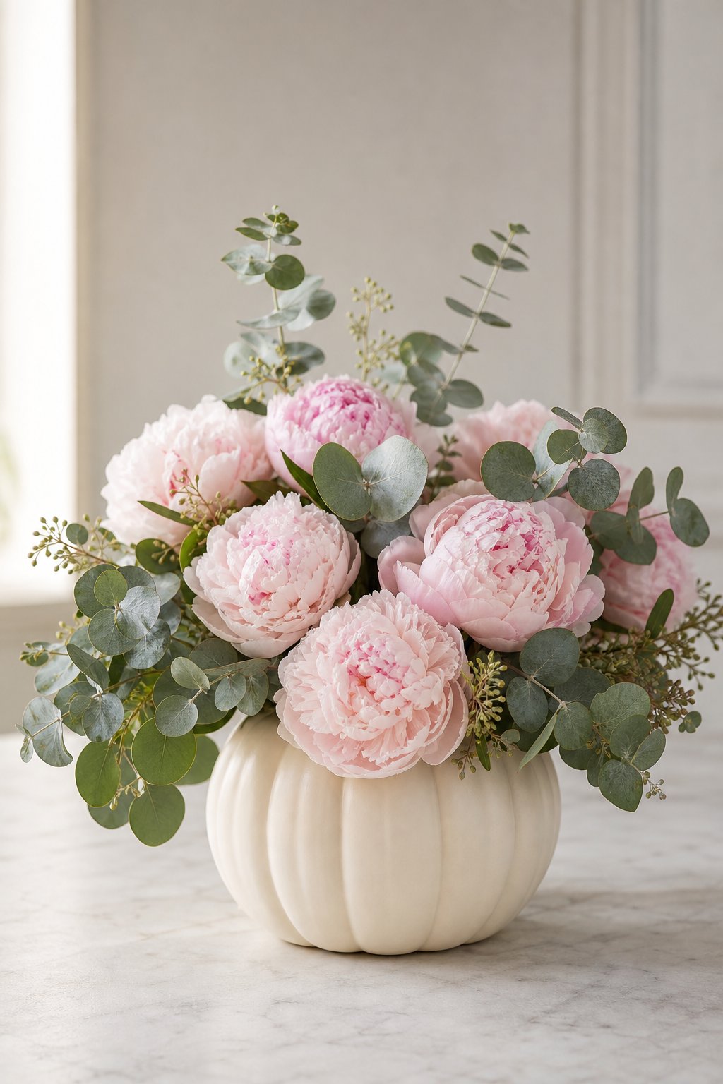 A white pumpkin filled with blush peonies and silver eucalyptus leaves.
