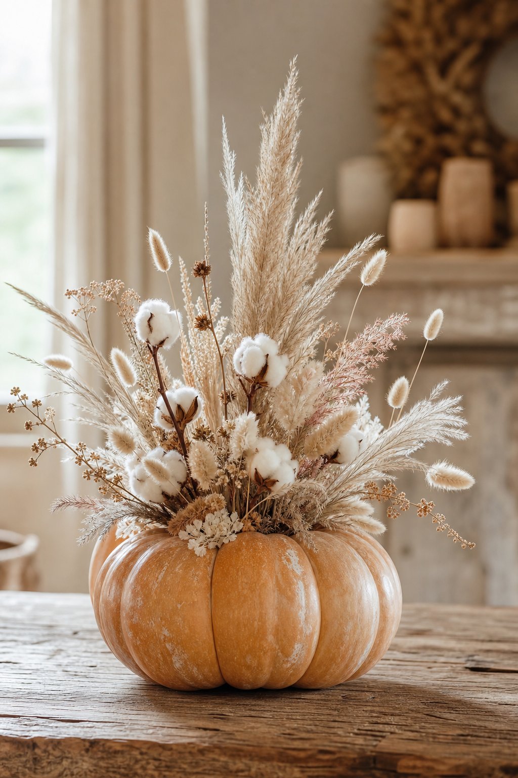 A harvest pumpkin arranged with dried pampas grass, bunny tails, and cotton stems on a wooden table.