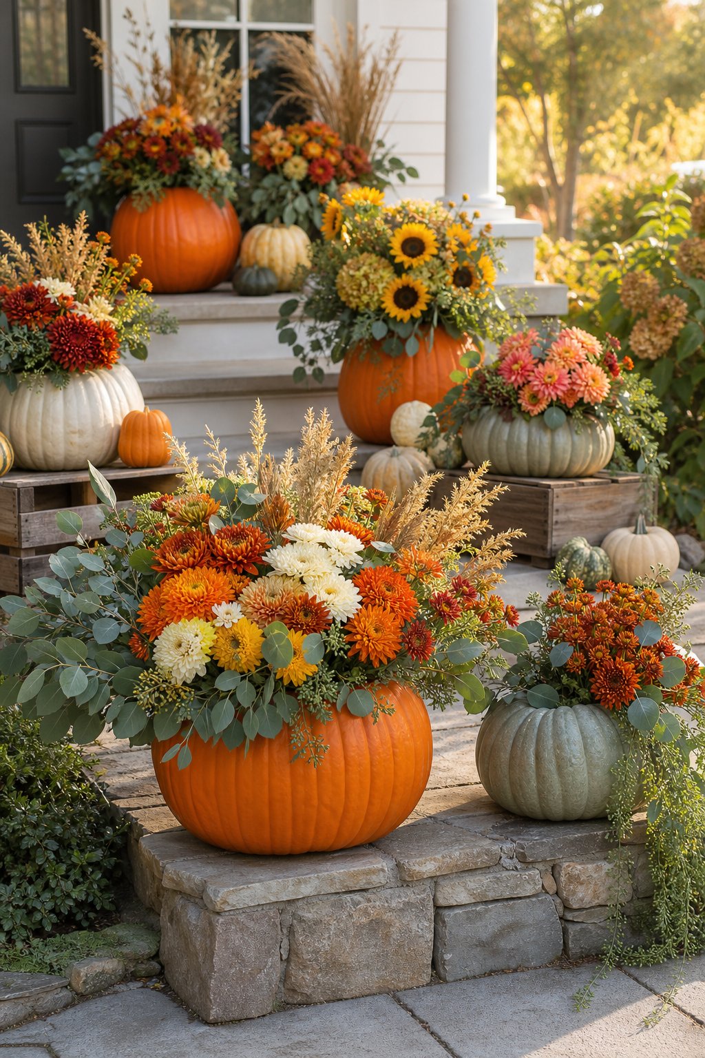 A collection of pumpkin flower arrangements displayed on an autumn porch and garden path.