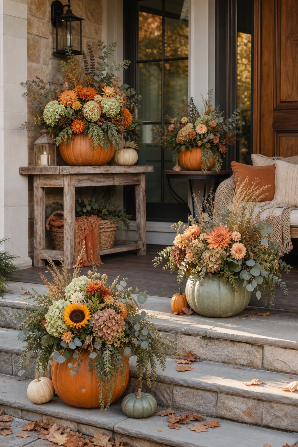 Pumpkin flower arrangements decorate a welcoming outdoor porch and entryway in autumn.
