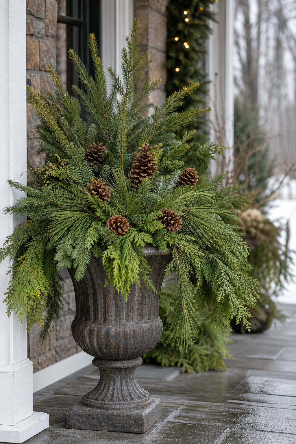A classic urn filled with pine, cedar branches, and pine cones on a winter porch.
