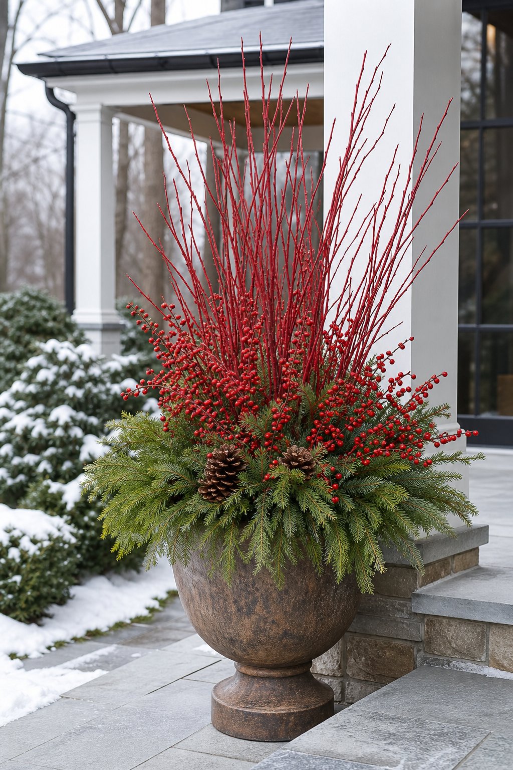 A festive outdoor planter filled with red twig dogwood branches, winterberry holly, evergreen boughs, and pinecones.