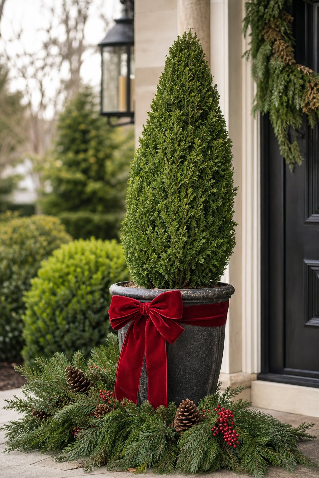 A cedar topiary in a planter decorated with a red velvet bow on a front porch.