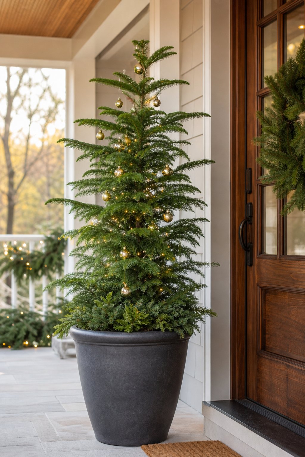 A Norfolk Island pine in a porch pot decorated with gold Christmas ornaments.