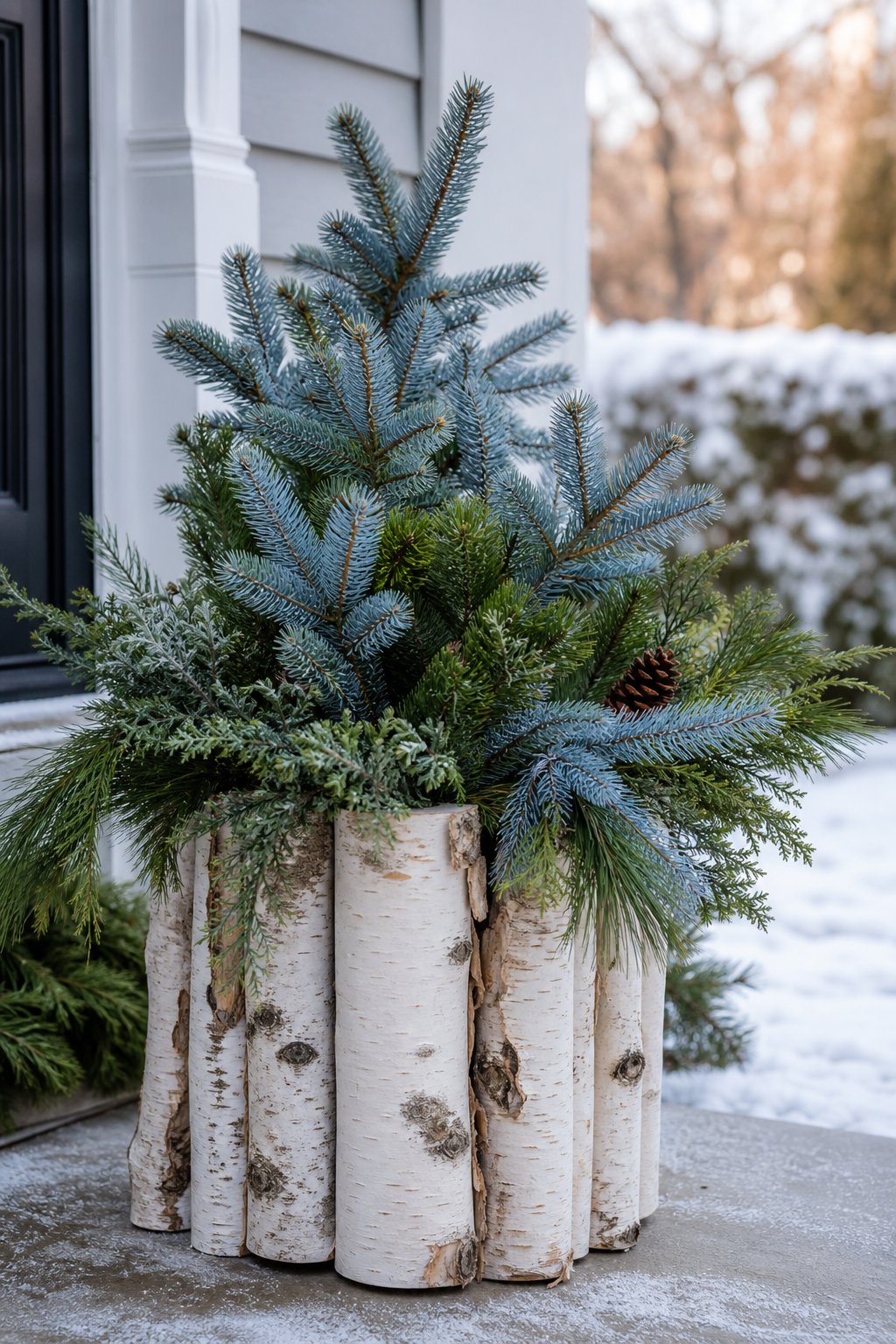 A white birch log planter filled with blue spruce branches sits on a snowy porch.