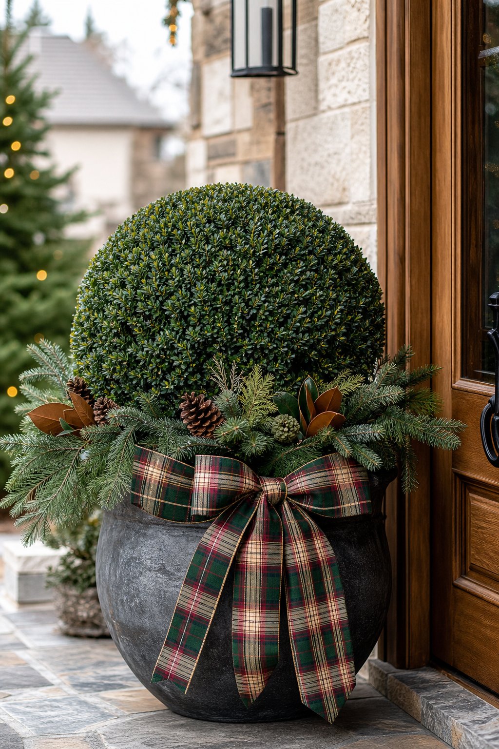 A rounded boxwood topiary in a planter decorated with a plaid ribbon on a festive porch.