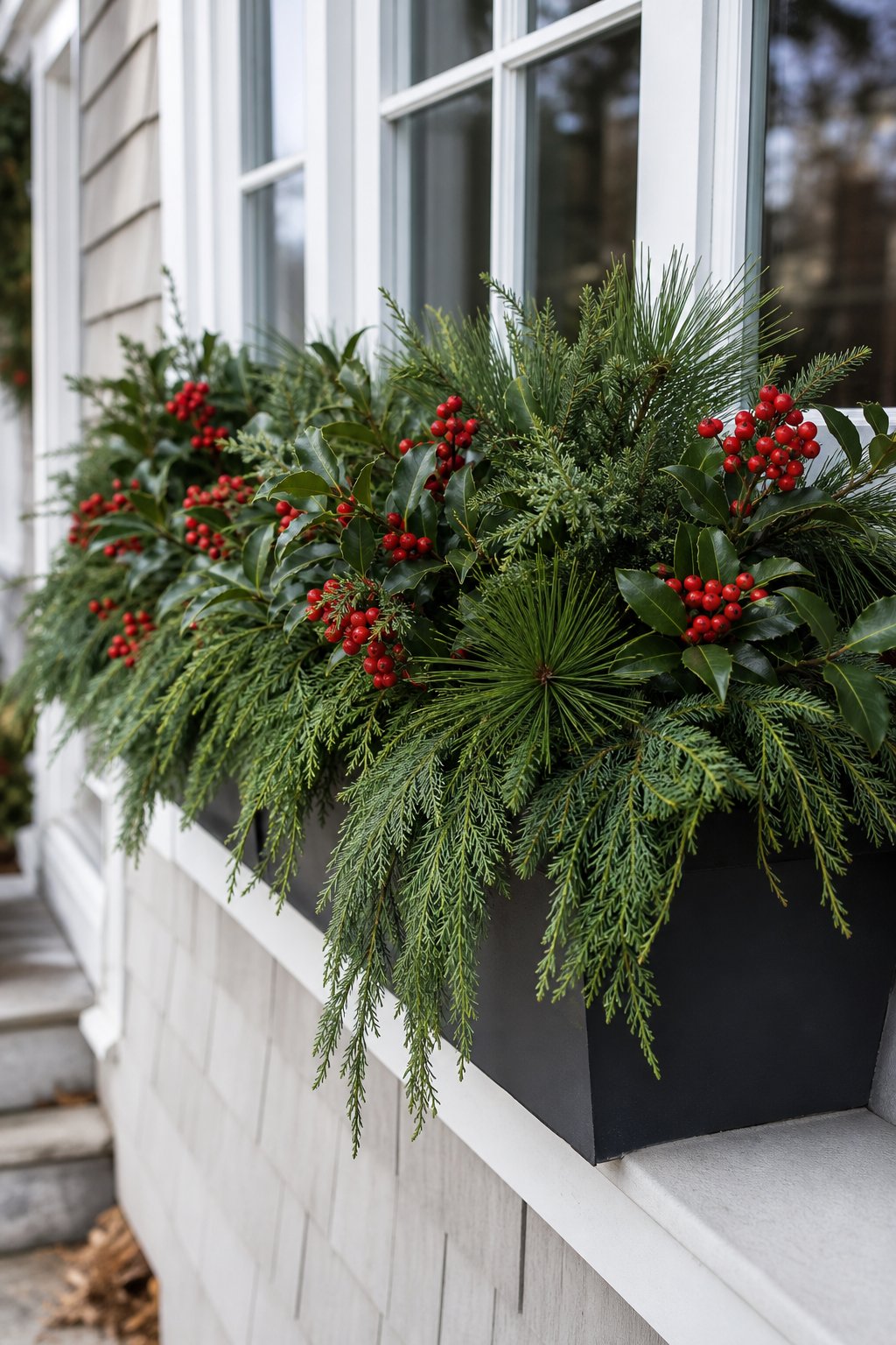 A window box filled with juniper, holly leaves, and bright red berries beneath a residential window.