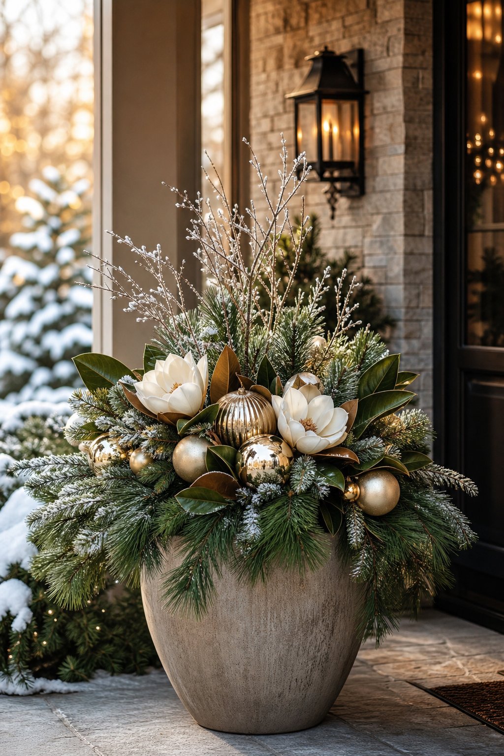A frosted outdoor planter filled with pine branches, magnolia blooms, and champagne-gold ornaments.