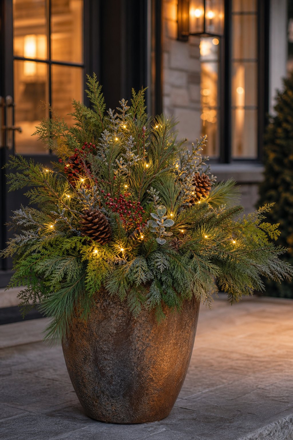 An evergreen Christmas planter decorated with glowing warm-white fairy lights sits outside a home.