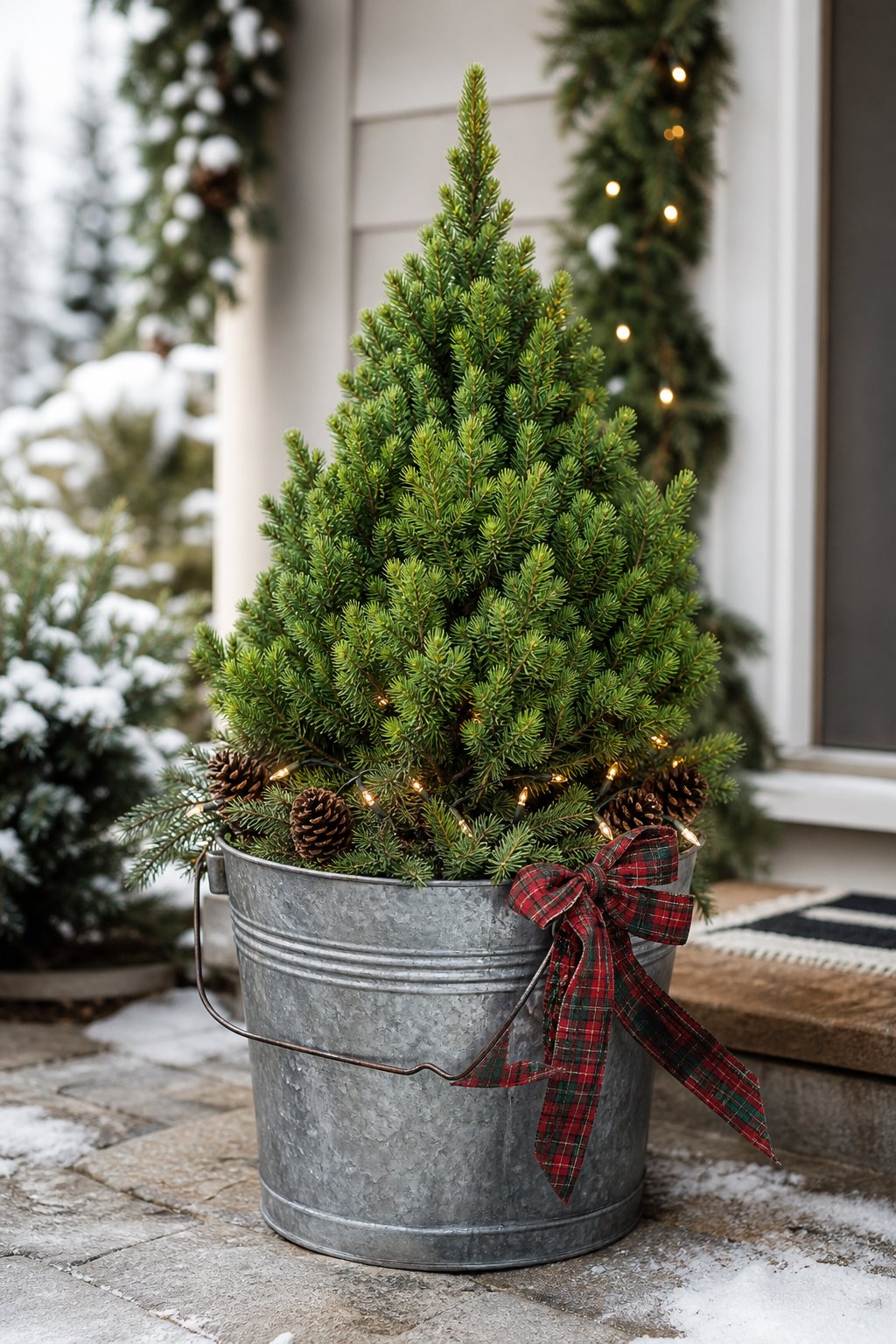 A galvanized metal bucket holding a small evergreen tree decorated for Christmas on a snowy porch.