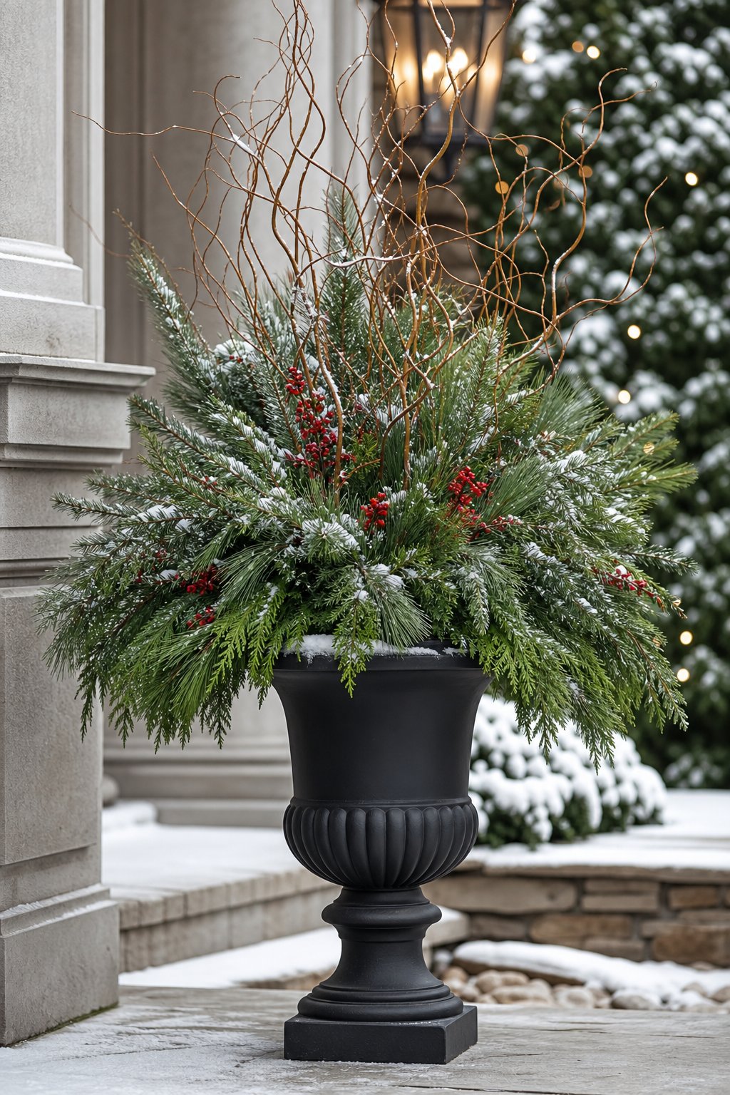 A black urn planter filled with curly willow branches, evergreen boughs, red berries, and a light covering of snow.