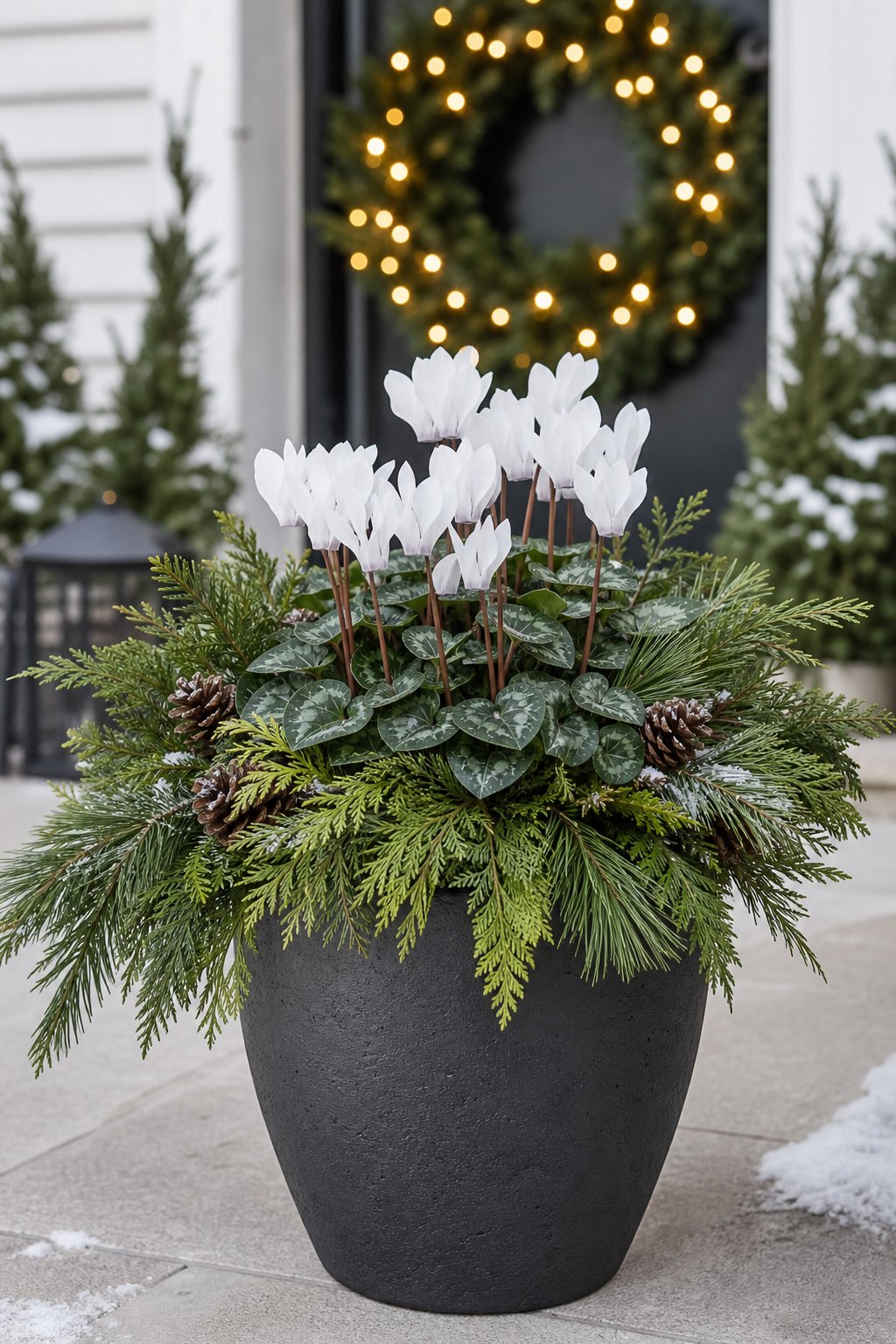 A white cyclamen and cedar holiday planter decorates a winter porch.