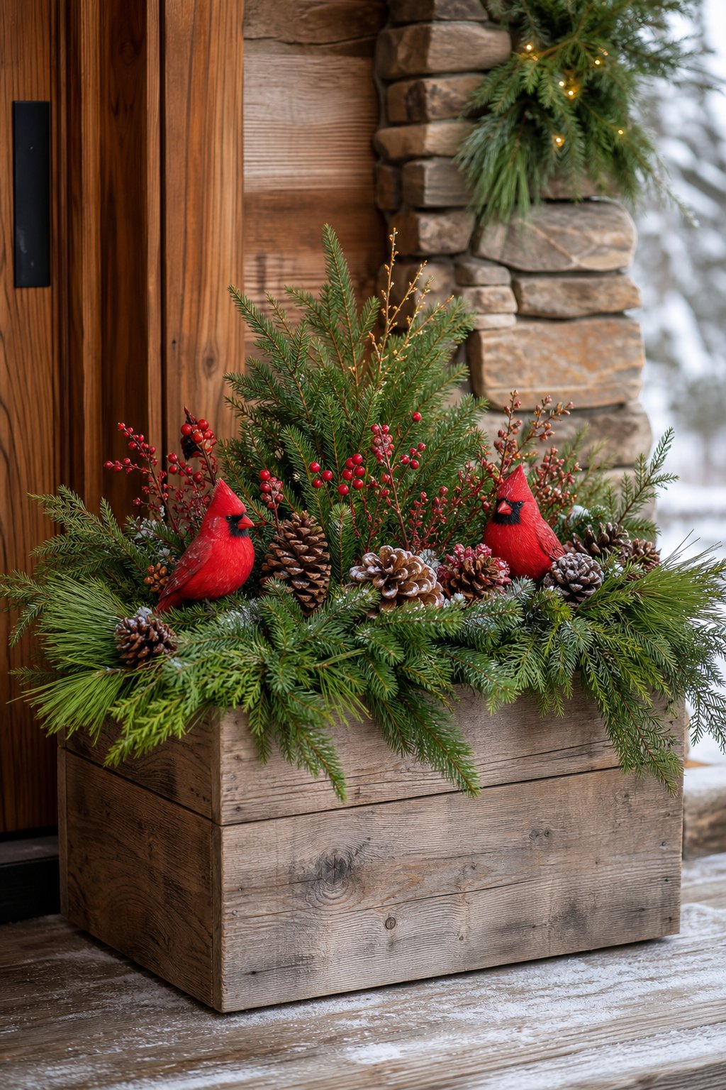 A rustic wooden crate planter filled with evergreen branches, pinecones, and red cardinal decorations on a porch.