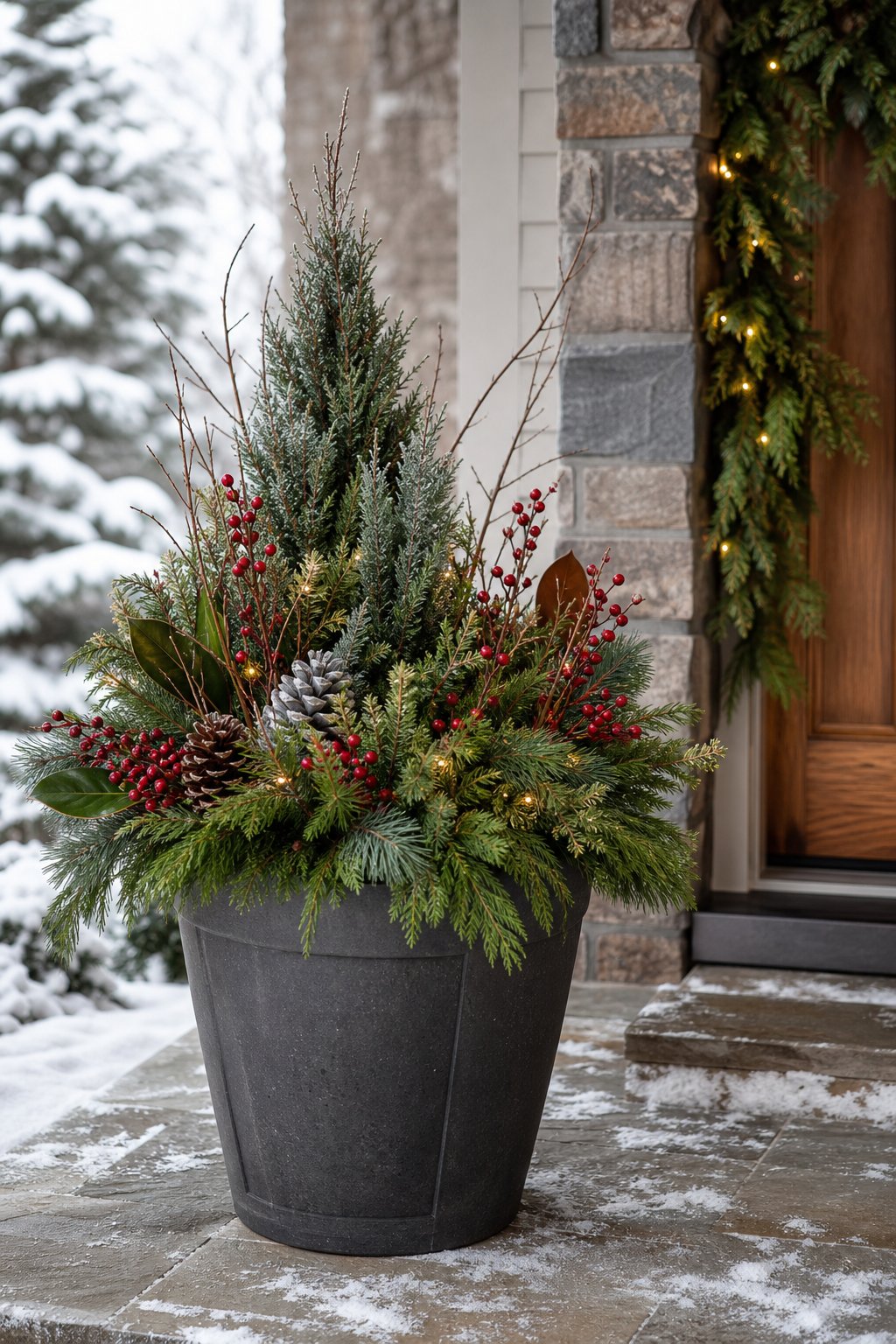 A festive winter planter filled with evergreen branches, berries, pinecones, and snow sits on a front porch.