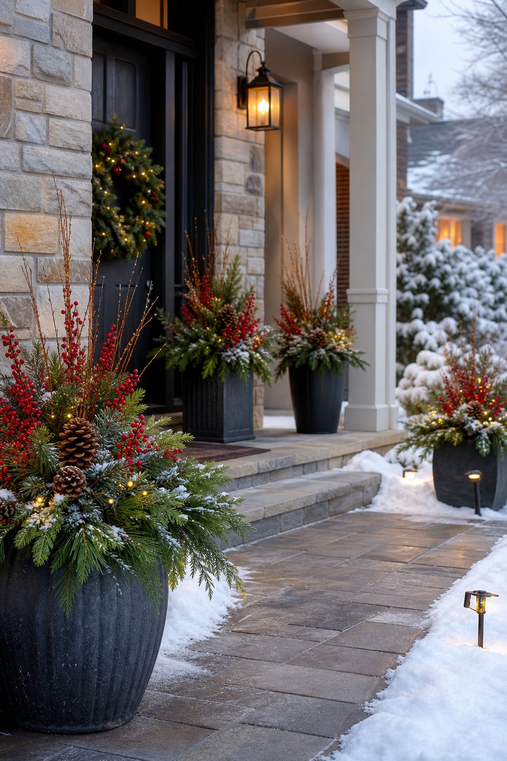 Decorated Christmas planters arranged along a snowy home entrance and walkway.