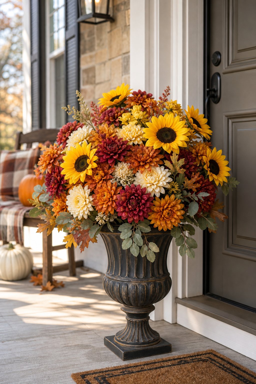 An outdoor urn filled with yellow sunflowers and colorful autumn mums beside a front door.